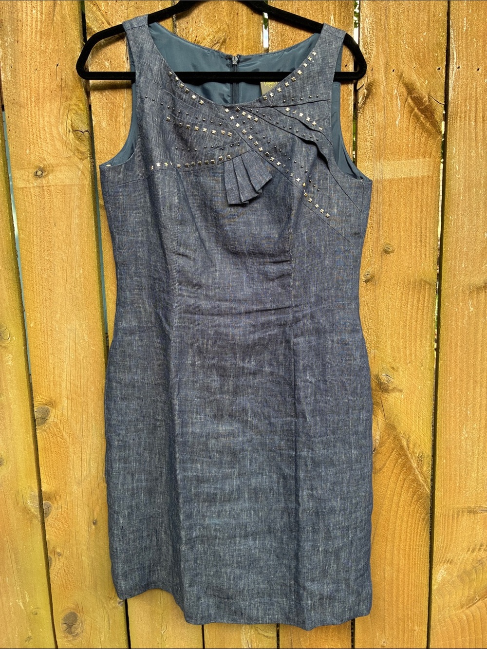 Taylor Blue Sleeveless Linen (Denim-look) Sheath Dress with Stud Detail
